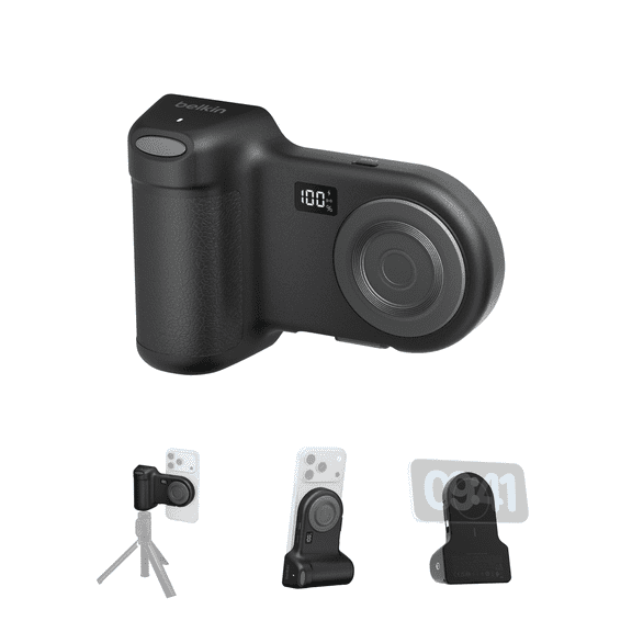 Belkin Magnetic Wireless Charging Camera Grip 9300mAh, Power Bank w/ Retractable USB C Cable, Bluetooth Connection, Tripod Attachment, LCD Screen, Ergonomic, Portable Charger for iPhone & Smartphones
