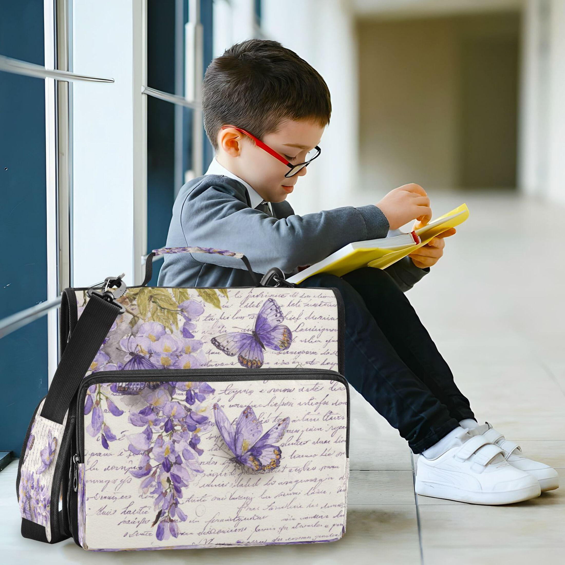 Zipper Binder 3 Rings Stationery Office Files Daily Organizer File Folder Storage Bag Butterflies and Wisteria Flowers