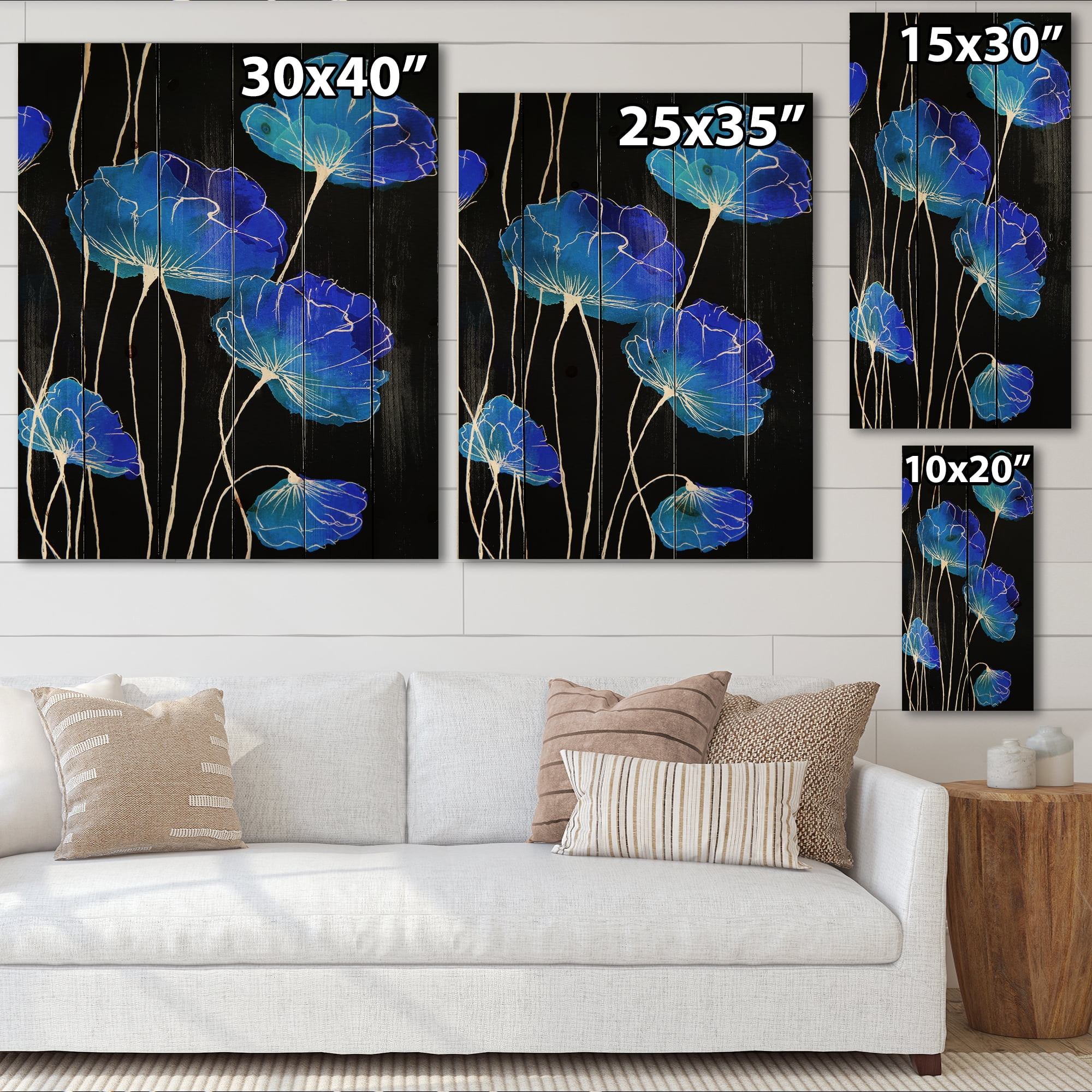 Designart 'Detail of Blue Flowers On Black Background II' Traditional Print on Natural Pine Wood