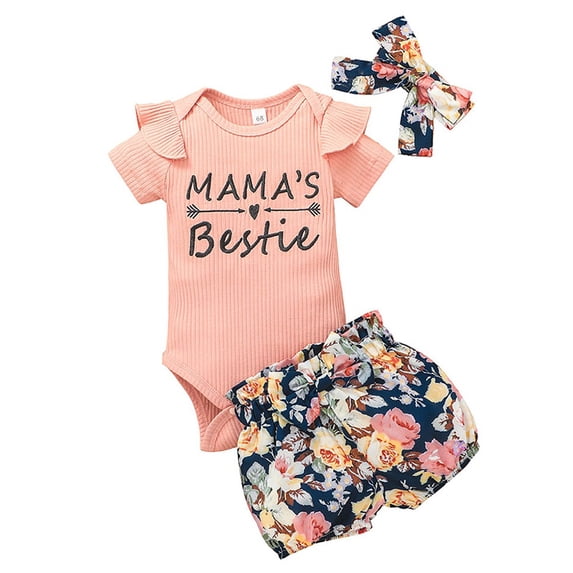 Lovebay Toddler Baby Girl Summer Outfits Set Tops Bodysuit +Shorts+Headband for 0-2T