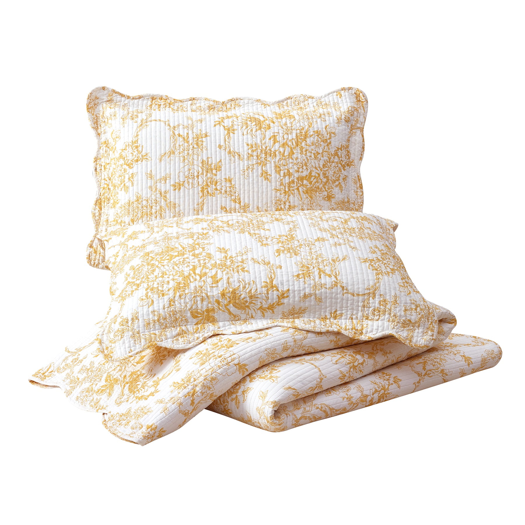Modern Heirloom Garden Toile Yellow 3-Piece Reversible Quilt Set, King