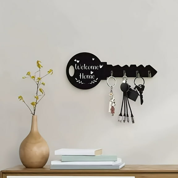 Black Boho Farmhouse Wall-Mounted Key Hooks Organizer β βWelcome Homeβ Wooden Sign with Multi-Hooks for Keys, Hats, Bags, Coats, Entryway, Porch, Kitchen, or Bedroom