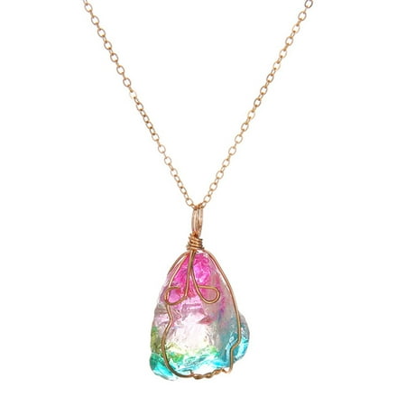 Fancyleo Fashion Women Chakra Quartz Natural Crystal Irregular Rainbow Stone Pendant Necklace Jewelry