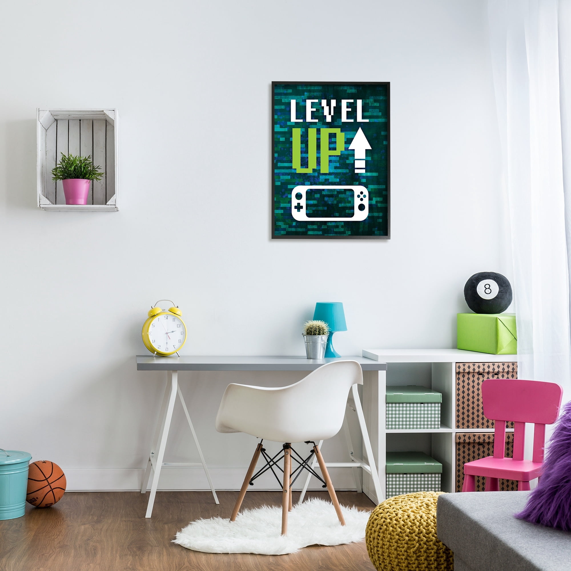 Stupell Industries Level Up Video Gaming Pixel Text Design Graphic Art Black Framed Art Print Wall Art, Design by Victoria Barnes