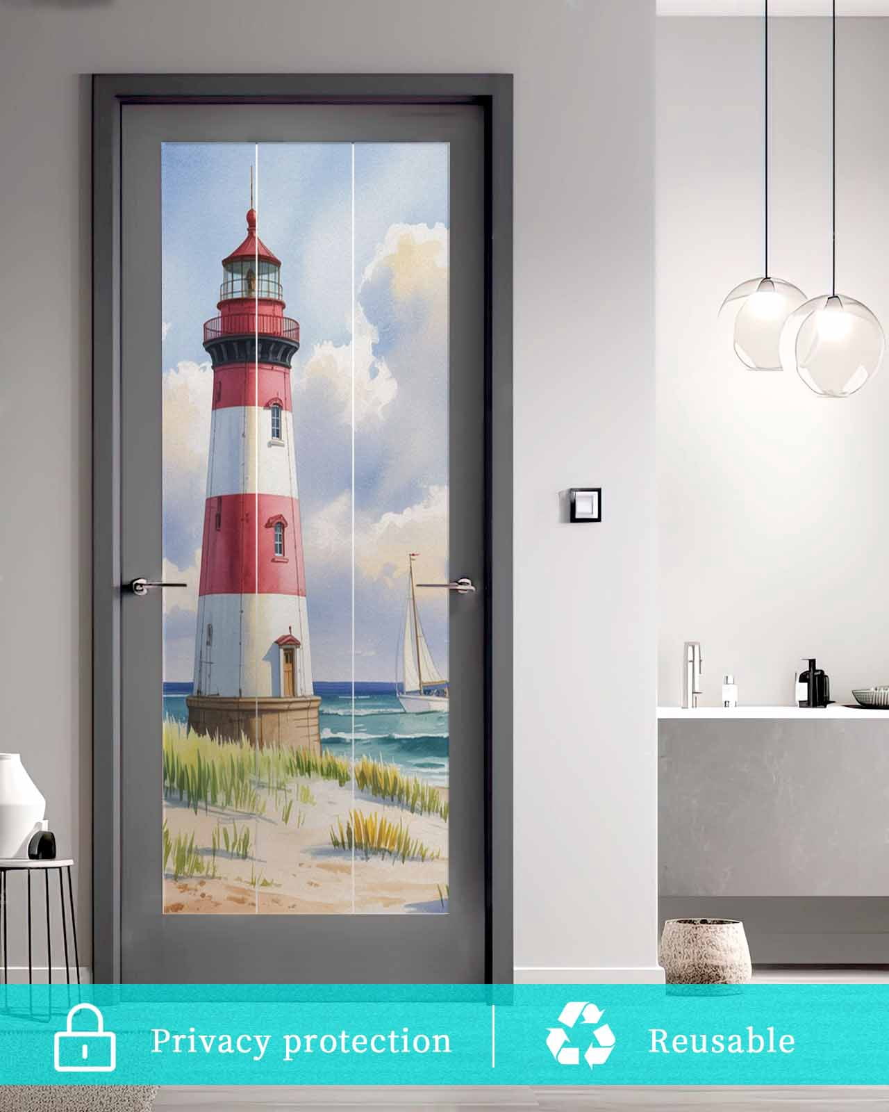Window Privacy Film Beach Lighthouse Stained Glass Window Film Decorative Sun Block Window Cover Coastal Ocean Ship Sky Oil Painting Window Clings Static Adhesive Sticker for Bathroom 23.6"x59"