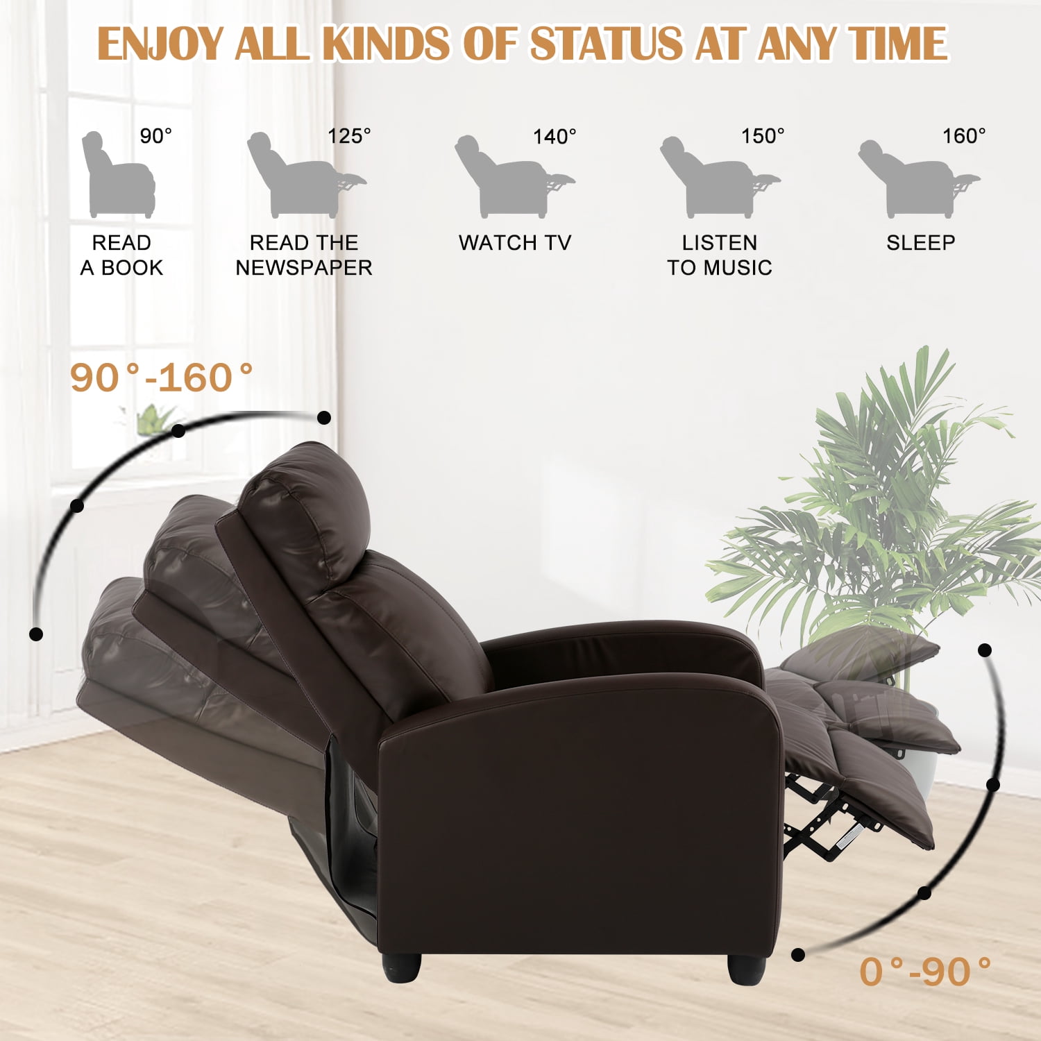 Massage Recliner Chair Single Sofa Recliner, High- Quality PU Leather Padded Seat for Living Room Modern Recliner Seat Club Chair Home Theater Seating, Brown