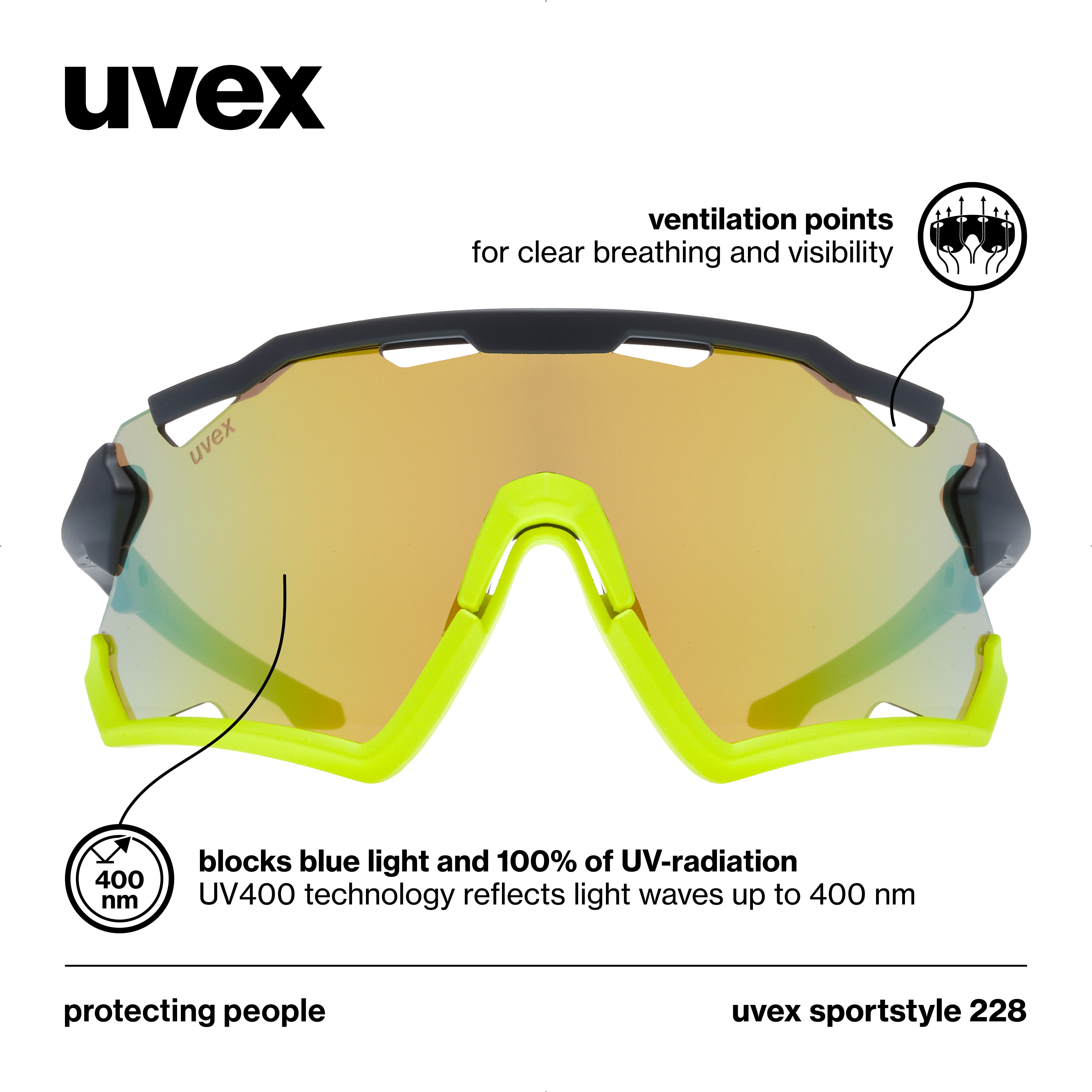 Uvex Sportstyle 228 - Unisex Adults Sports Eyewear Black Yellow Matte/Yellow - Anti-Fog & 100% UV Protection