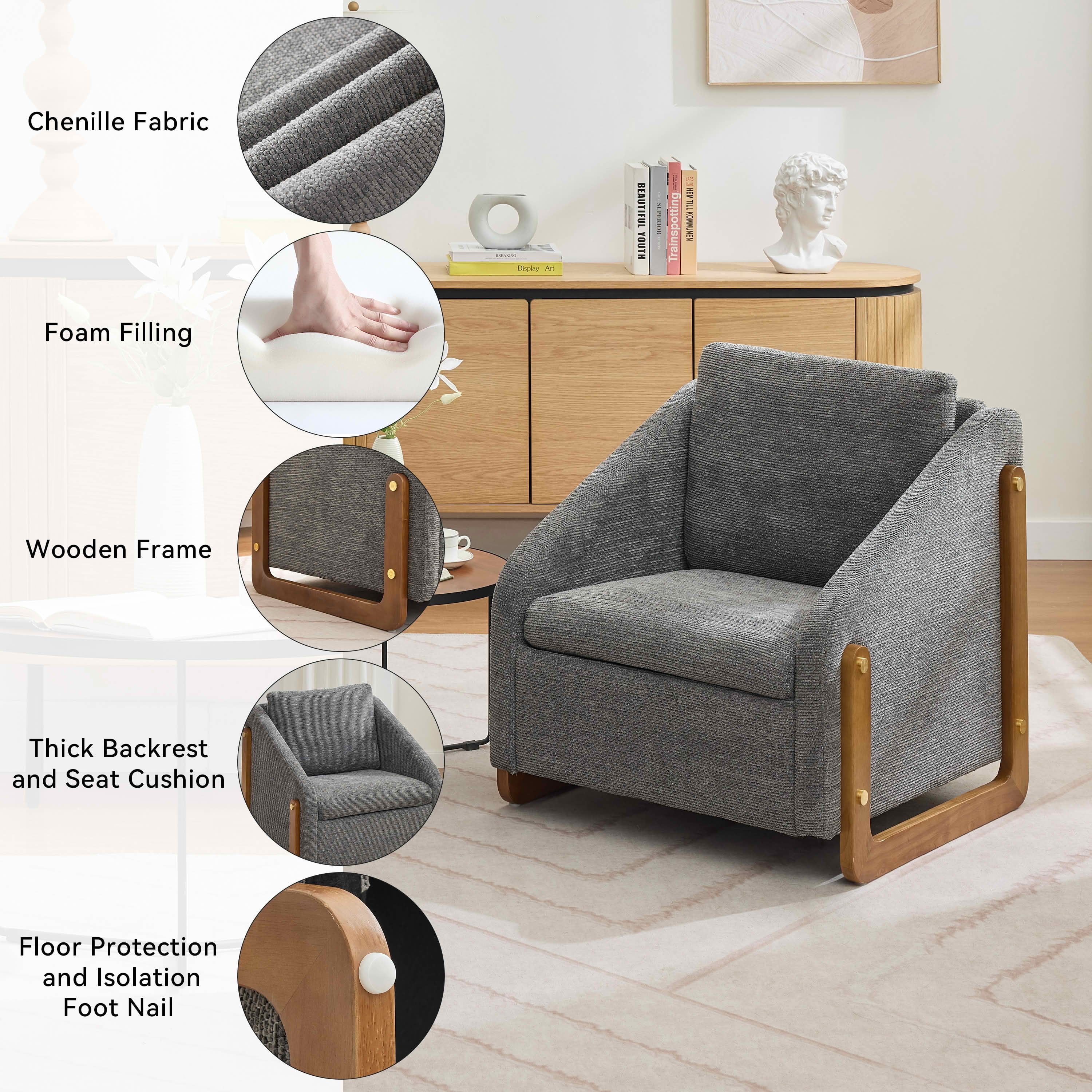 MAYEERTY Set of 1 Chenille Fabric Modern Upholstered Armchair, Wooden Side Frame & Cushioned Seat Backrest, for Living Room & Bedroom, Gray