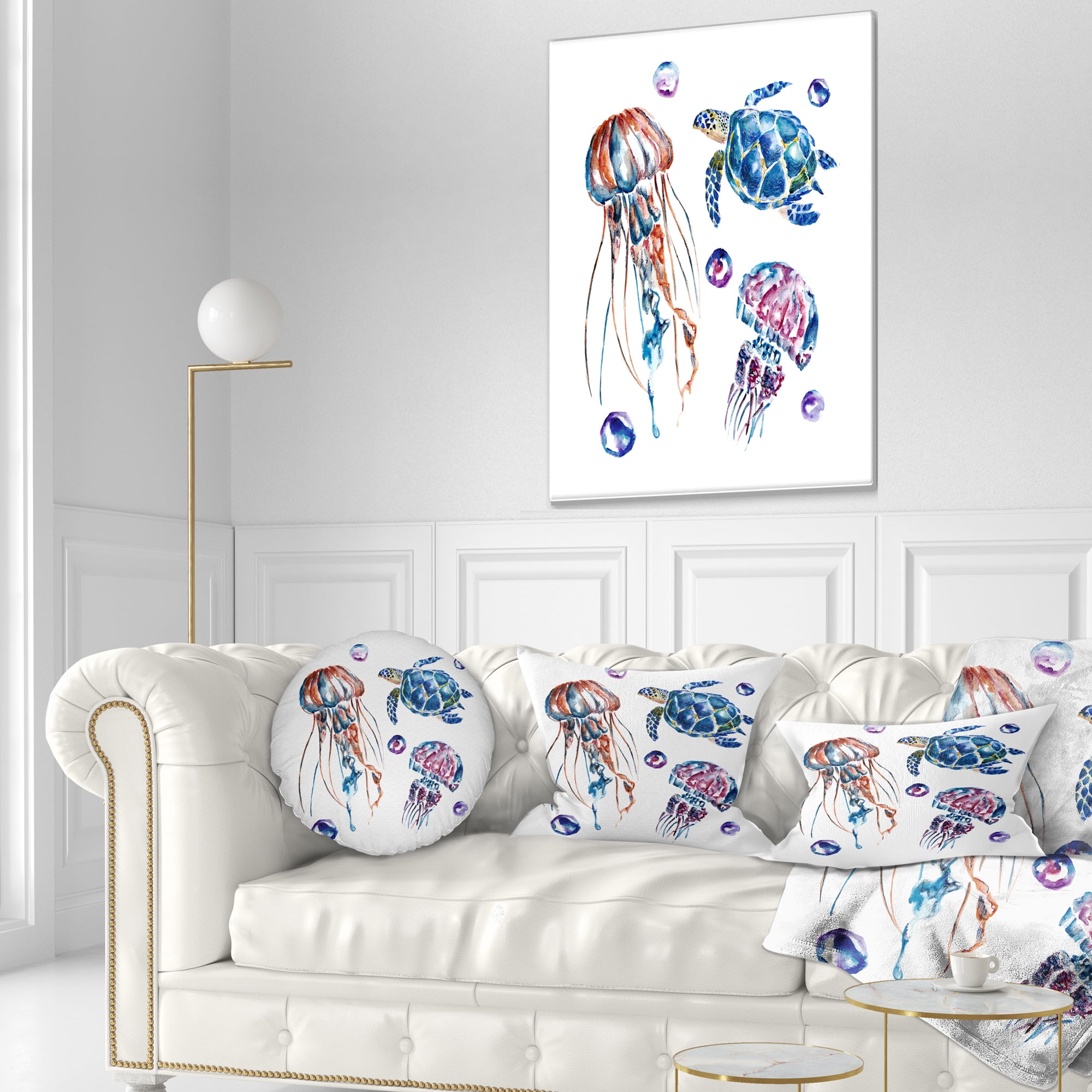 Designart Colorful Jellyfish and Turtles - Animal Throw Pillow - 12x20