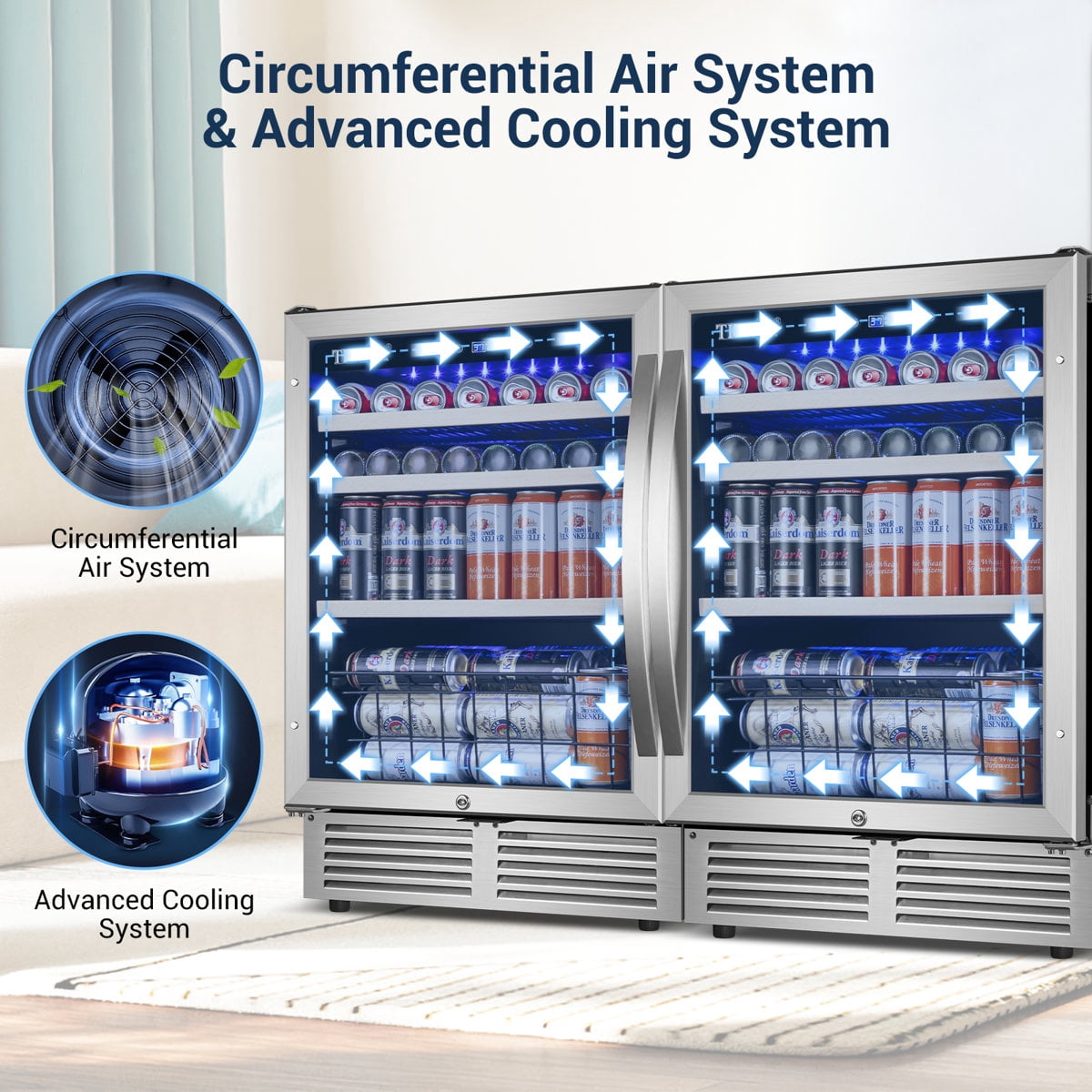 48" Beverage Refrigerator 360 Can Dual Zone Built-in Split Beer Cooler with Four Handles