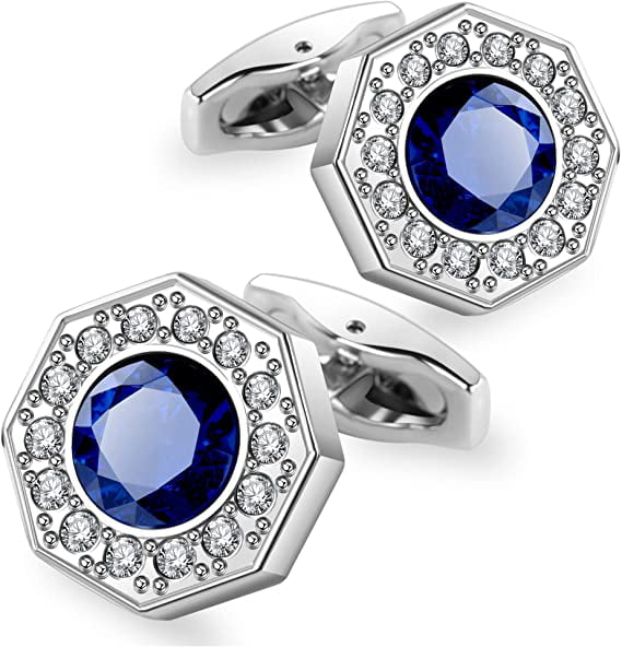 18K White Gold Plated Simulated Diamond Round Shaped Letter A Men`s Cufflinks 