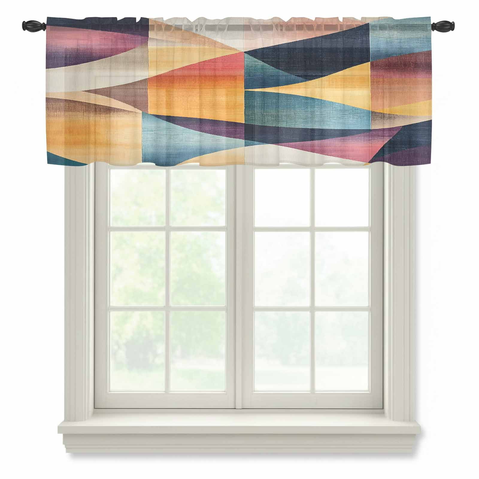 Abstract Geometric Valance Curtains for Kitchen/Living Room/Bathroom/Bedroom Window, Rod Pocket Small Topper Half Short Window Curtains Voile Sheer Scarf, Orange Neutral Modern Art 60"x18"