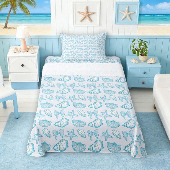 Manfei Teal White Seashell Bow Starfish Twin Sheet Sets for Kids Boys and Girls, Cartoon Sealife Bedding 3-Piece, 1 Flat Sheet, 1 Fitted Sheet and 1 Pillowcase