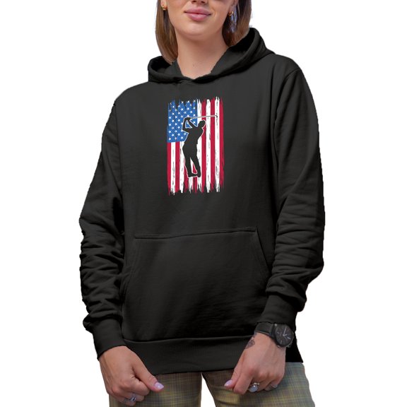 USA Flag with a Swinging Golf Player, Golfing or Golfer Themed Merch Gift, Black Hooded Sweatshirt or Hoodie, 2XL