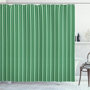Abstract Geometry Shower Curtain, Continuous Modern Vertical Leaves Print on Plain Backdrop, Fabric Bathroom Set with Hooks, 69W X 75L Inches Long, White Green Hunter Green, by Ambesonne