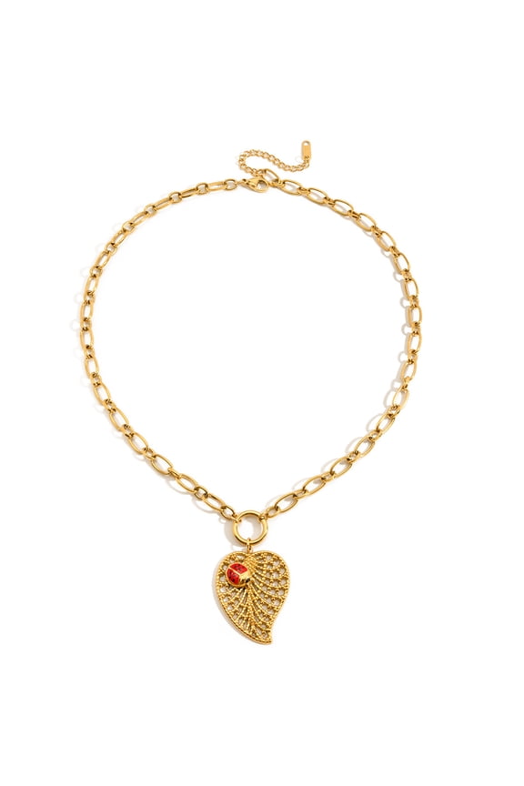 18K Gold-Plated Stainless Steel Necklace with Drip Oil Ladybug & Hollow Leaf Charms - Classic & Unique Fashion Jewelry for Women