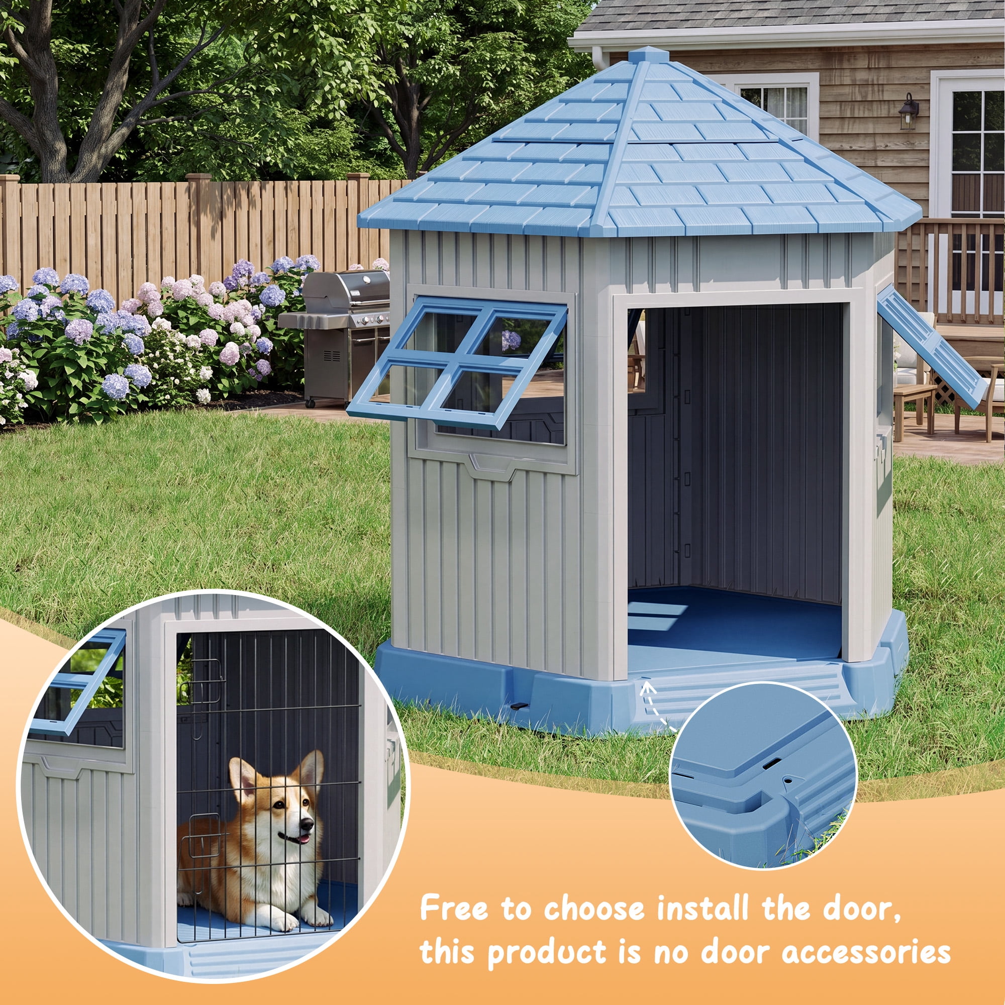 Nihsuao Durable Waterproof Dog House for Medium to Large Dogs, Indoor Outdoor Plastic Kennel with Elevated Floor & Air Vents, Easy Clean & Assemble, Blue, 33.5"L x 29.5"W x 37.4"H