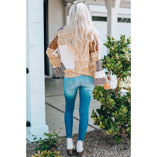 ABPHQTO Blusa de mujer con lazo de leopardo colorblock marrón