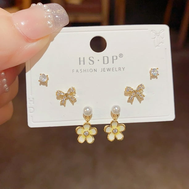 Pendientes cortos con microincrustaciones de circonitas y aguja de plata S925, pendientes de pelo corto, pendientes elegantes japoneses y coreanos de tres piezas, sencillos y combinables para mujer