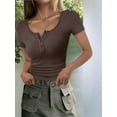 thumbnail image 6 of Women'S Spring Summer Short Sleeve Tops Ribbed Knit Henley Button Up Slim Fit Basic Casual T Shirts Blouse Dark Brown S, 6 of 9