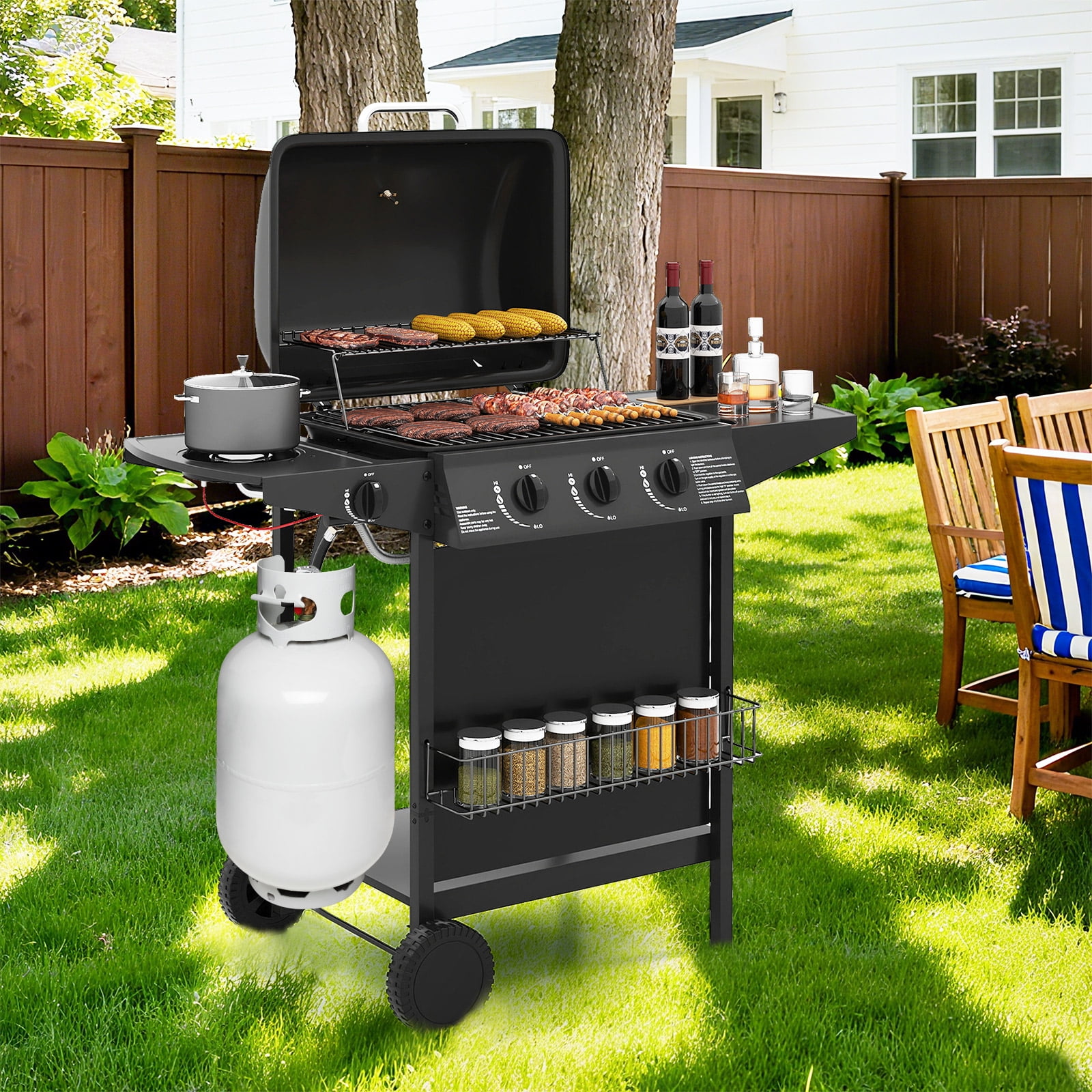Gymax 39000 BTU Outdoor Cooking Grill w/ Storage Shelves & Porcelain-Enameled Grates