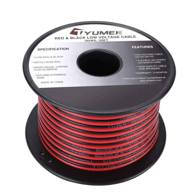 100ft 22awg Electrical Wire 22/2 Gauge Oxygen Free Copper 12v/24v Dc Red  Black Z