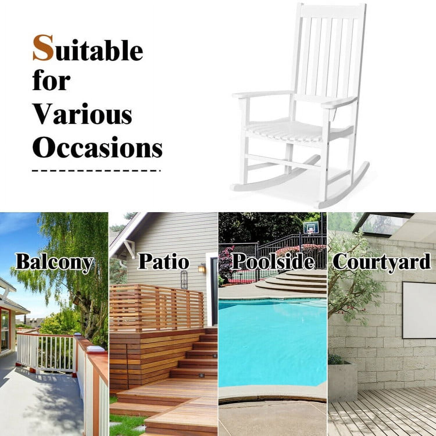 Aimee Lii Outdoor Rocking Chair, Patio Wooden Rocker Chair for Lawn, Porch, Backyard, Indoor and Garden, White