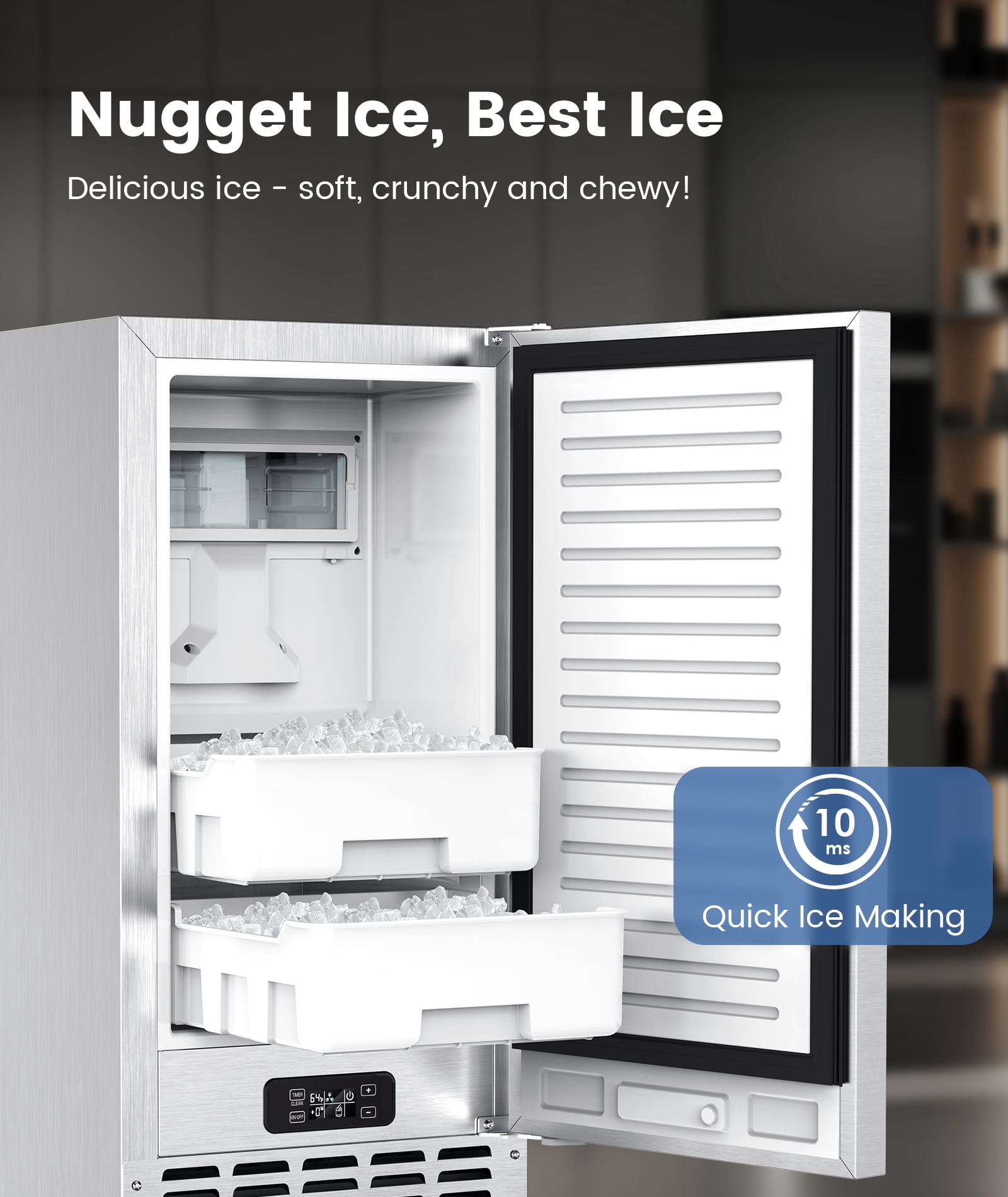 Commercial Nugget Ice Maker, 66lbs/24H Stainless Steel Under Counter Ice Maker, Self-Clean&24H Timer, Commercial Ice Machine with LCD Display, Ideal for Bar/Cafe/Restaurant