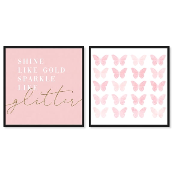 Pastel Pink Butterfly Pair Set Canvas Fashion Wall Decor by Art Remedy, Black Frame, 12 x 12