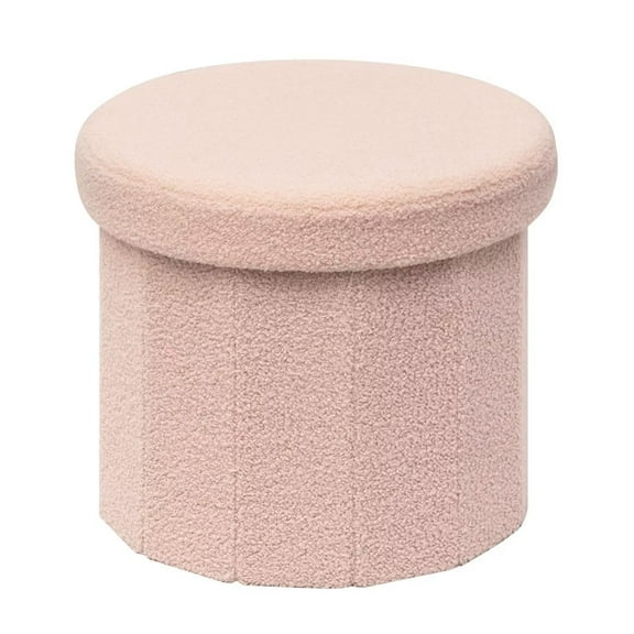 PINPLUS 15" Storage Ottoman,Toy Chest Box,Folding Footrest Stool Seat,Round Shape,Sherpa Fabric,Pink
