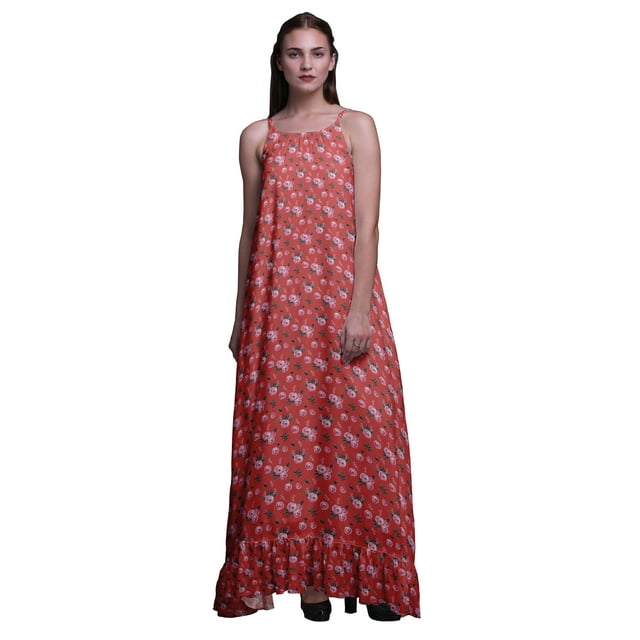 Bimba Robe de Nuit Pêche Foncée à Feuilles Florales et Renoncules pour Femmes, Nuisette Imprimée à Bretelles Spaghetti, Robe Maxi, Vêtement de Nuit XXX-Large