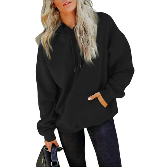 Wutalume Women's Casual Pocket Hoodie with Drawstring Pullover Sweatshirt Top, Fashionable and Comfortable for Everyday Wear,Black L