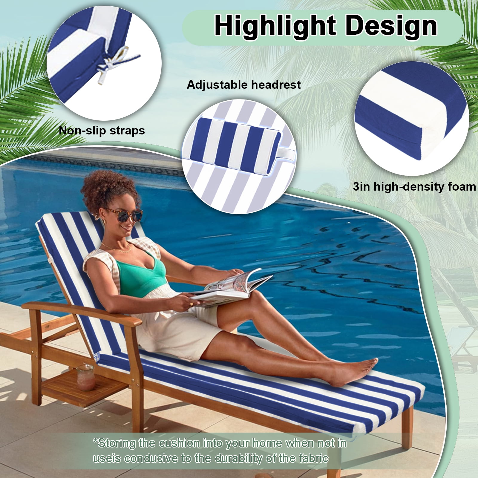 DTTRA Chaise Lounge Cushions Outdoor, 80 x 26 x 3 Inch, Waterproof Lounge Chair Cushion for Outdoor Furniture, Patio Lounger Pads with Removable Cover Ties Pillow for Pool, Garden Loungers
