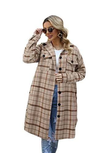 SIKAINI Shacket Plaid Jacket for Women Long Flannel Button Up Shirt Lounge Lapel ?Plus Size Trendy Boyfriend Coat 2X-Large, Women's, Size: 2XL, Beige