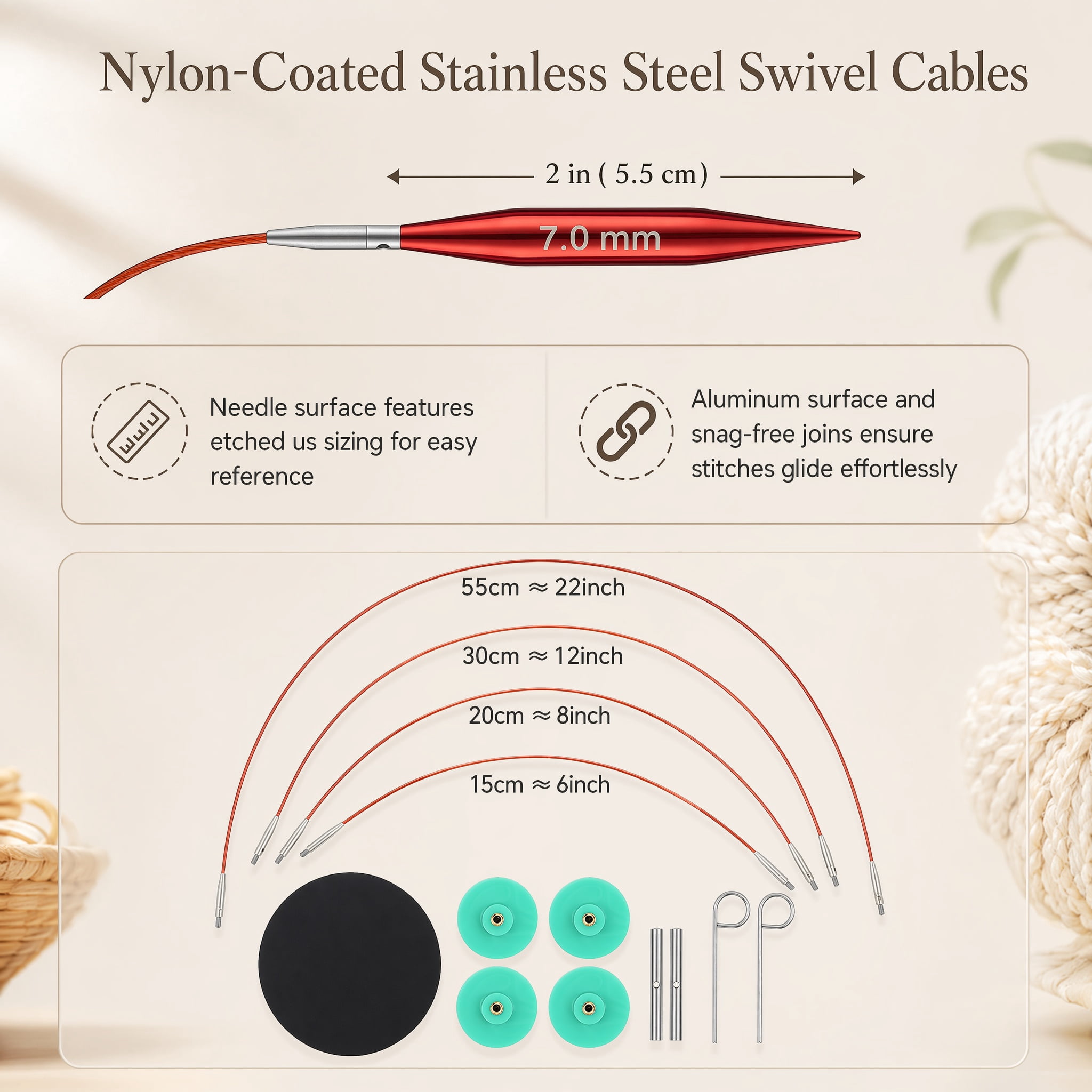 Short Interchangeable Knitting Needles Set, 2-Inch Circular Needles Kit with 12 Sizes and and Flexible Cables for Socks, Hats and Sweaters