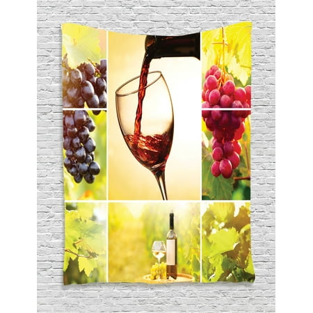 Summer Harvest Wall Tapestry (Wine Tapestry, Habitat Collage with Pouring Wine Bottle and Leaves Farm Harvest Time in Autumn Village, Wall Hanging for Bedroom Living Room Dorm Decor, Green Red, by)