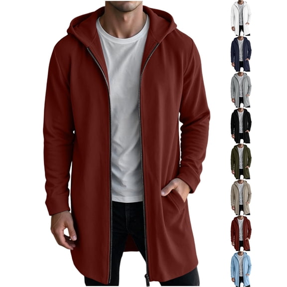 Men's Long Zip Up Hoodie,Casual Solid Color Winter Warm Hooded Sweatshirt,Athletic Long Jacket with Pockets