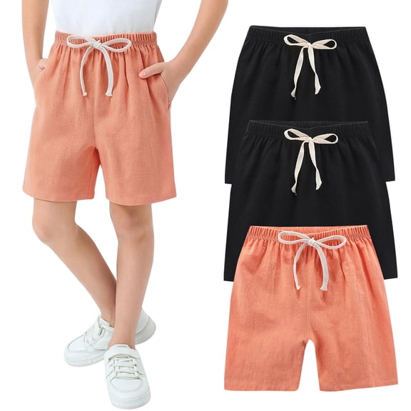 UACY Boys 3 Packs Shorts Cotton Linen Athletic Shorts Girls Summer School Basketball Sports Pants Elastic Waist Casual Pants (Orange, 11-12 Years)