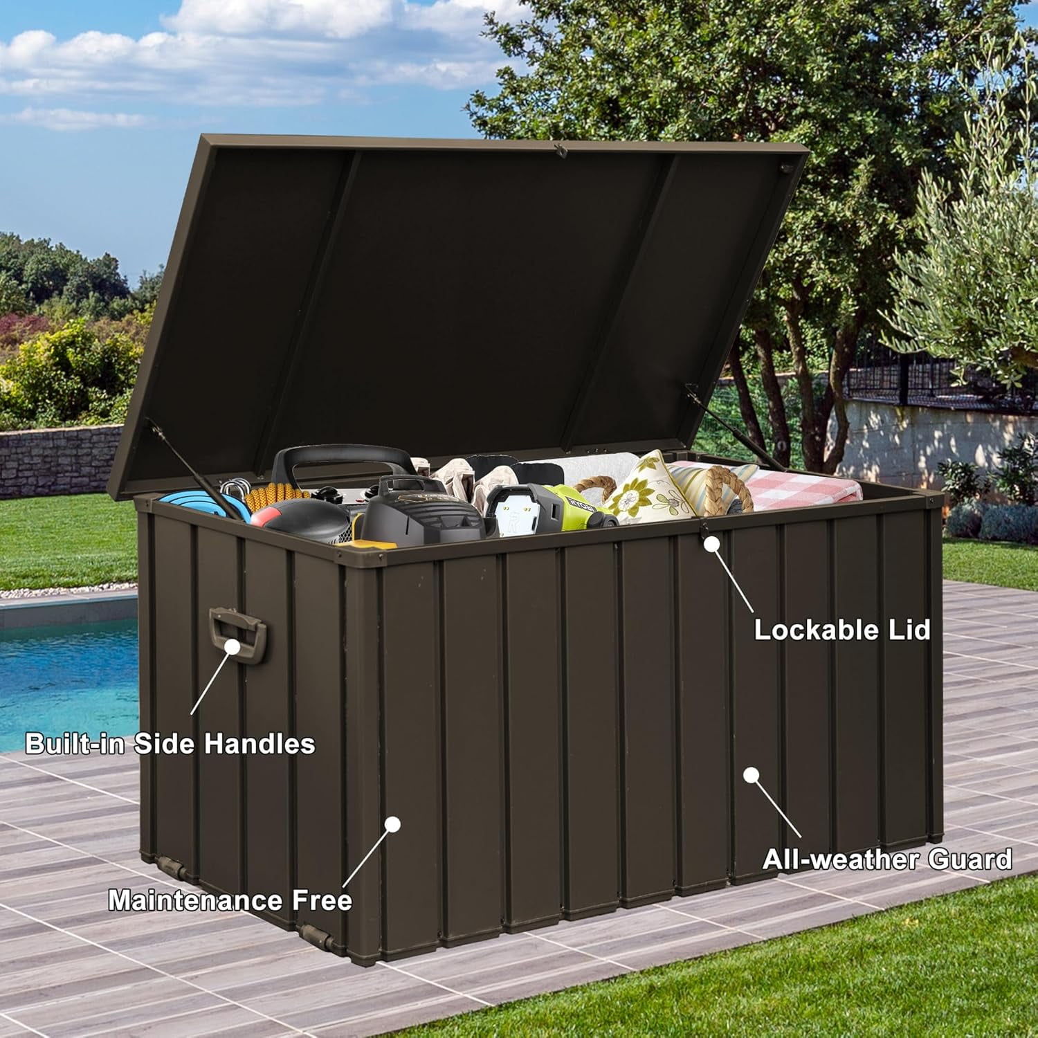 TOTAL Outdoor 120 Gallon Outdoor Deck Box,Waterproof & Rodent-Proof Steel-Reinforced Deck Container,Hydraulic Safety Lid with Lock,Patio, Garden, Pool Equipment Organizer,Dark Brown