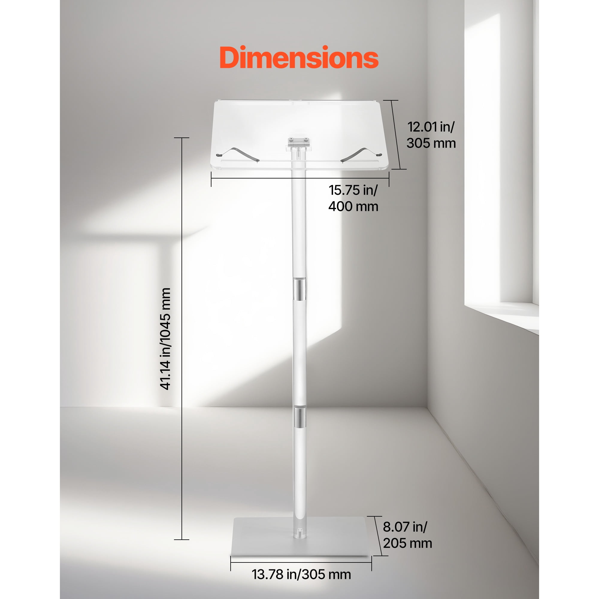 KFFKFF 43-Inch Acrylic Podium Stand, Portable Lectern with Spacious Reading Surface, Book Holders, Adjustable Angle, Floor-Standing Design for Events, Presentations, and Gatherings