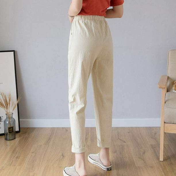 Pantalones de algodón de talla grande para mujer, pantalones hasta los tobillos, pantalones Hallen de color liso, pantalones de algodón y lino, pantalones de rábano, pantalones casuales sueltos