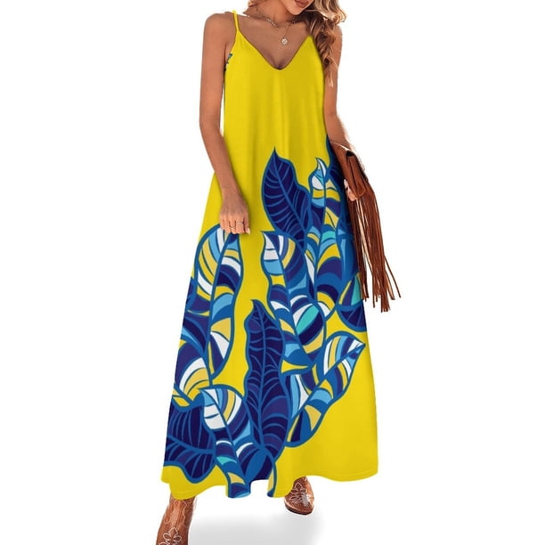 Vestido sin mangas amarillo con follaje pop, vestido de hadas, vestidos de verano para mujer 2024, vestido largo para mujer