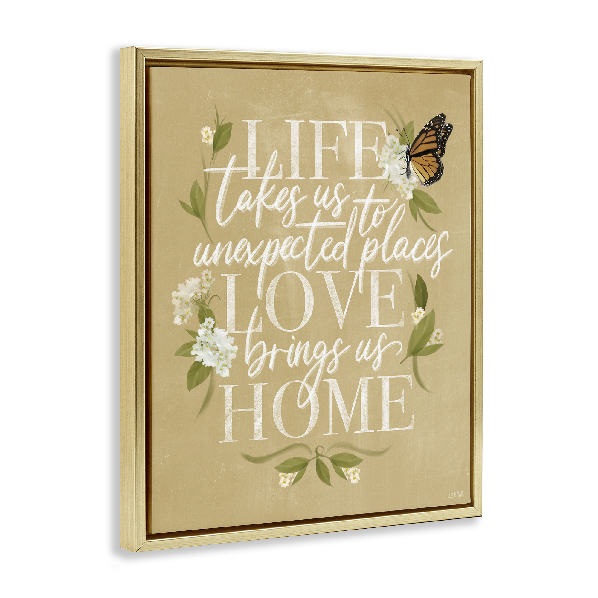 Stupell Industries Love Brings Us Home Botanical & Floral Painting Gold Floater Framed Art Print Wall Art, 25 x 31