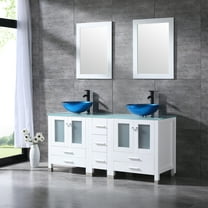 Wonline 60" Modern White Double Vessel Sink Vanity Cabinet Tempered Glass Top w/Mirror