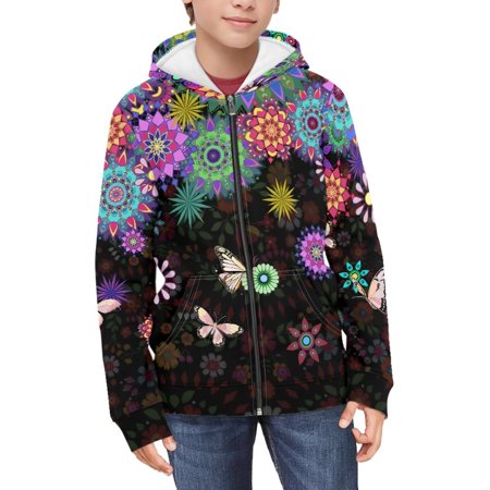 POLERO Girls & Boys Colorful Mandala Butterfly Print Zipper Hoodies with Pockets Soft Zip Up Sweatshirts Girls Hooded Long Sleeve Tops 8-10 Years