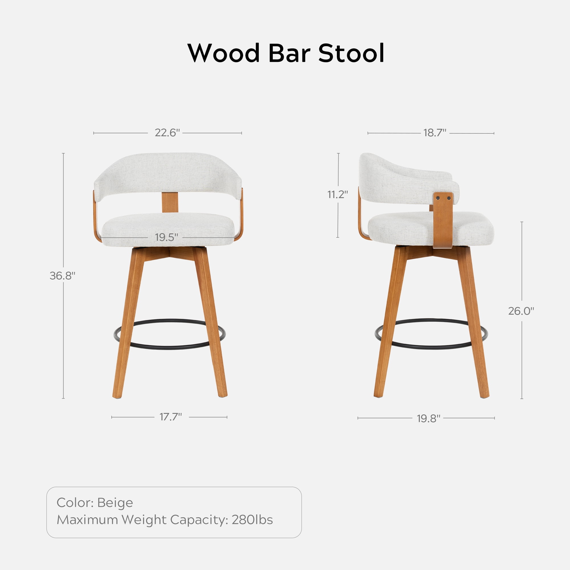 EYYTHUNG Swivel Bar Stools Set of 6, Modern Curved-Back 26-inch Counter Barstools with Armrests, Linen Upholstered Wooden Stools for Kitchen & Home Bar Seating, Beige
