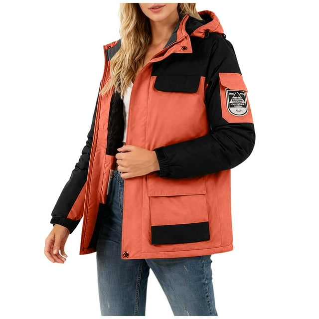 Boutons Contrastants à Fermeture Éclair pour Femmes, Poches Col Montant, Manches Longues à Capuche, Parka Mode Décontractée
