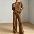 thumbnail image 2 of Women's 2 Piece Loungewear Outfits Ribbed Knit V Neck Long Sleeve Top and Wide Leg Pants Sets Soft Warm Fall Winter Casual Tracksuit Khaki, 2 of 7