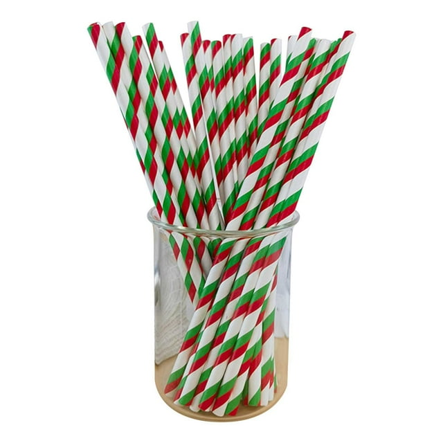 Lot de 100 Pailles en Papier à Rayures Rouges et Vertes - Accessoires de Boisson Biodégradables Jetables - Décor Festif des Fêtes pour Fêtes - Écologiques et Robustes