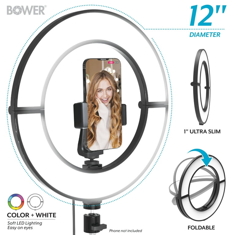 Bower 12 Inch Foldable Ring Light with Adjustable Stand and Remote Control- Black